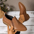 Women's pointed toe high cut pumps in brown with chunky mid heel and PU upper