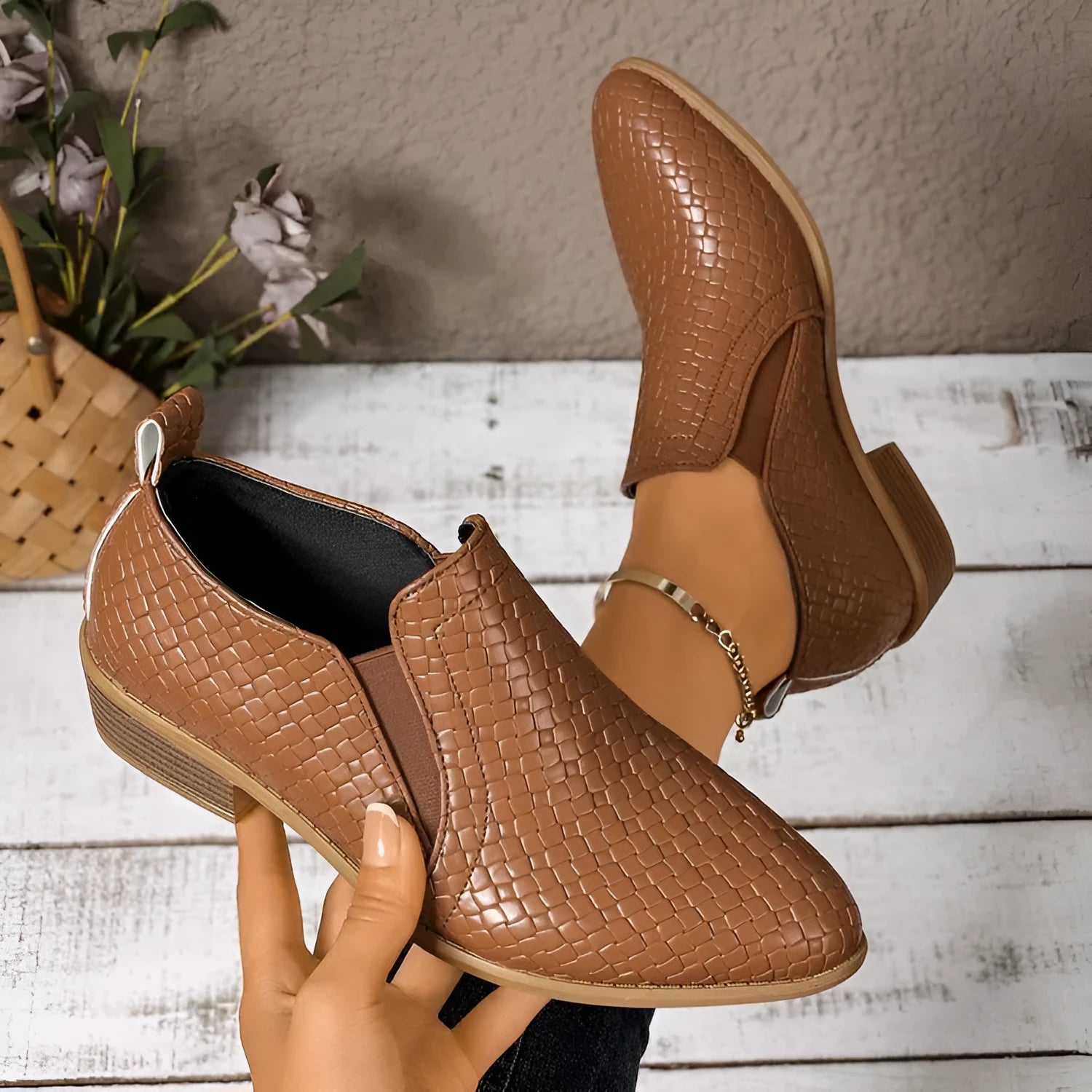 Women's pointed toe high cut pumps in brown with chunky mid heel and PU upper