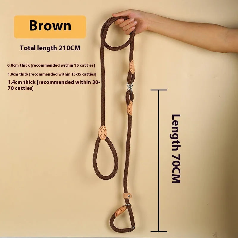 Brown nylon P chain dog leash with hand-holding rope, shown at full 2.1 metre length.