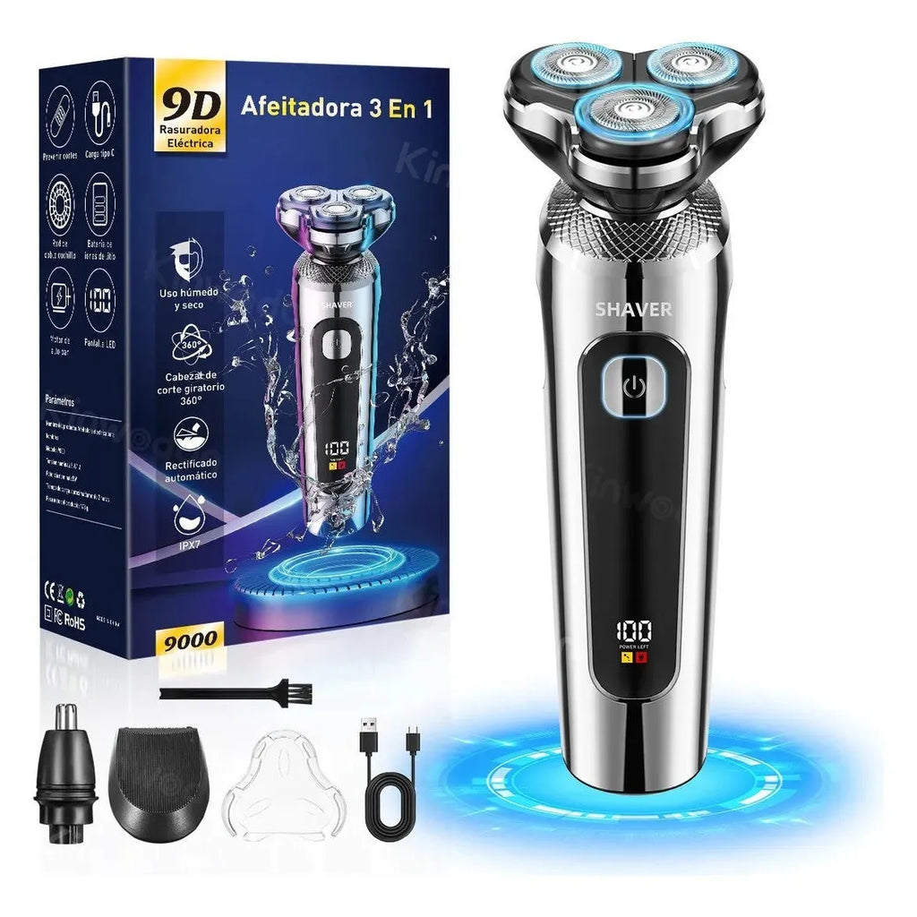 USB rechargeable beard trimmer with digital display and washable floating head on a stand.