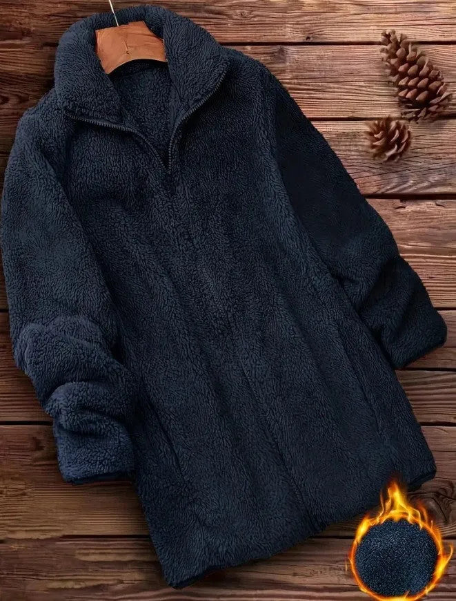 Double-sided velvet fleece coat in black, navy blue or khaki colours with fleece lining