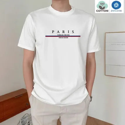 Men's short-sleeved pure cotton T-shirt with a printed letter design in a loose fit.