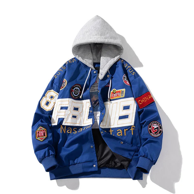 Black American Motorcycle Baseball Uniform jacket with removable hood, shown on a model.