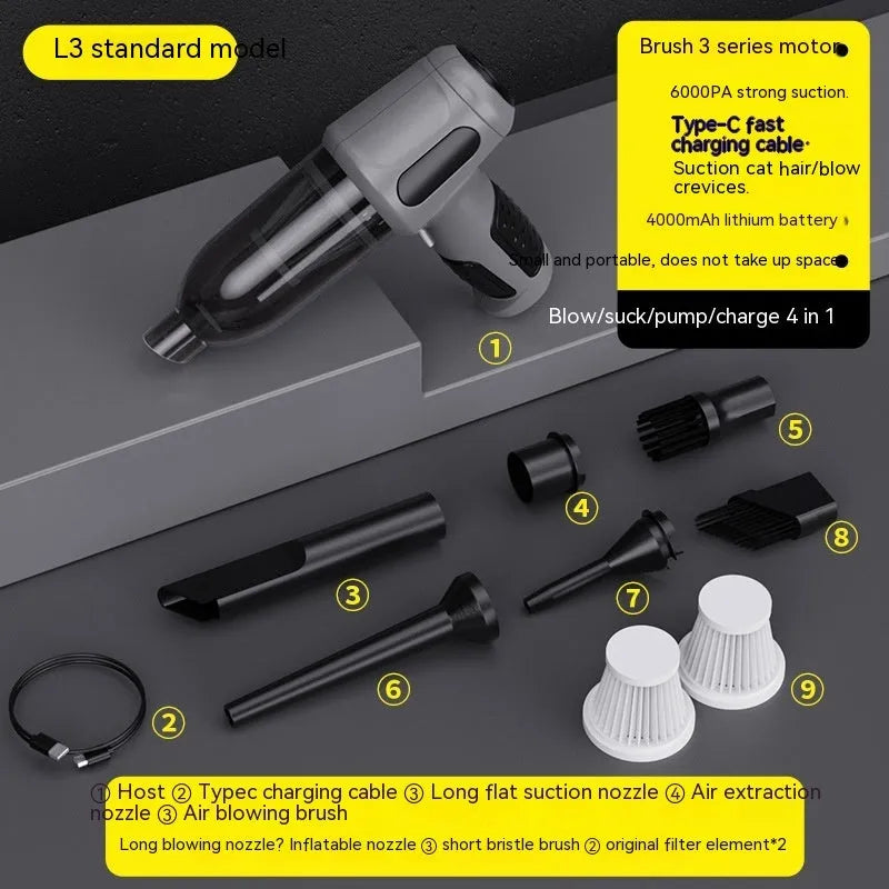 Handheld car vacuum cleaner with nozzle attachments in black, white, or grey colours