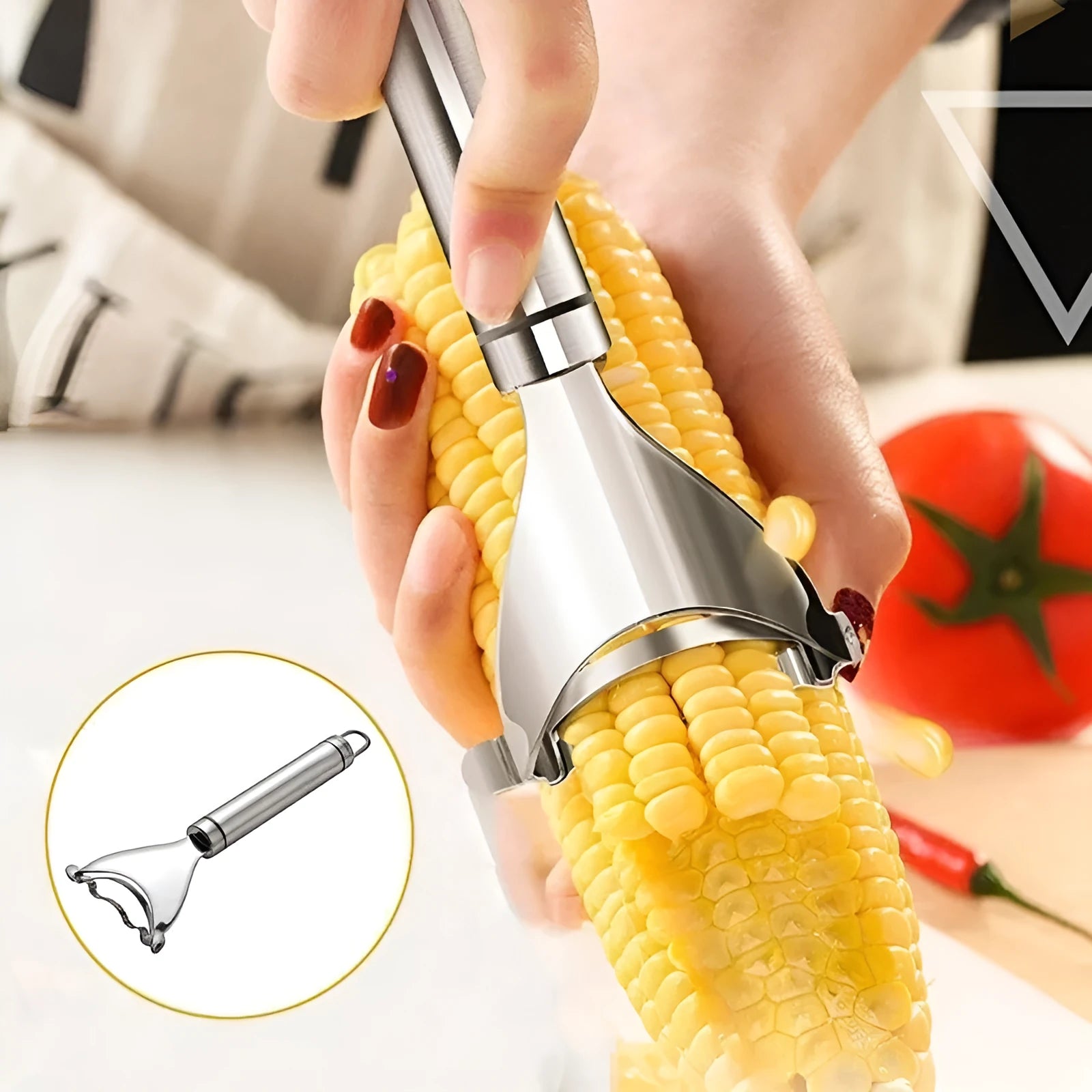 Stainless steel corn planer kitchen tool with serrated cutting edge for removing kernels