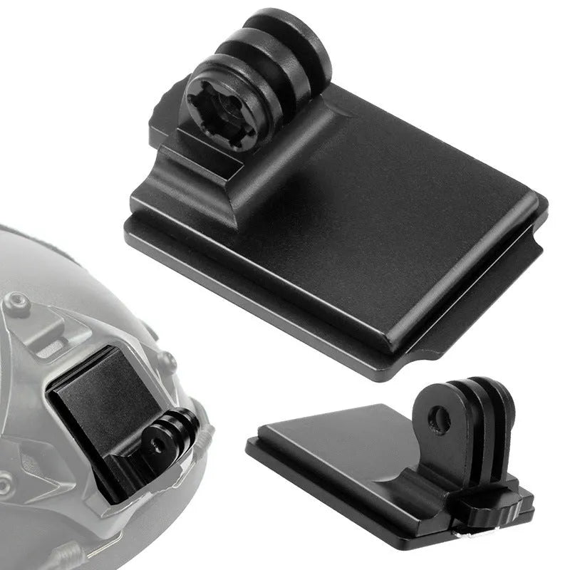 Aluminium alloy camera mounting bracket for attaching a GoPro to a cycling or motorcycle helmet.