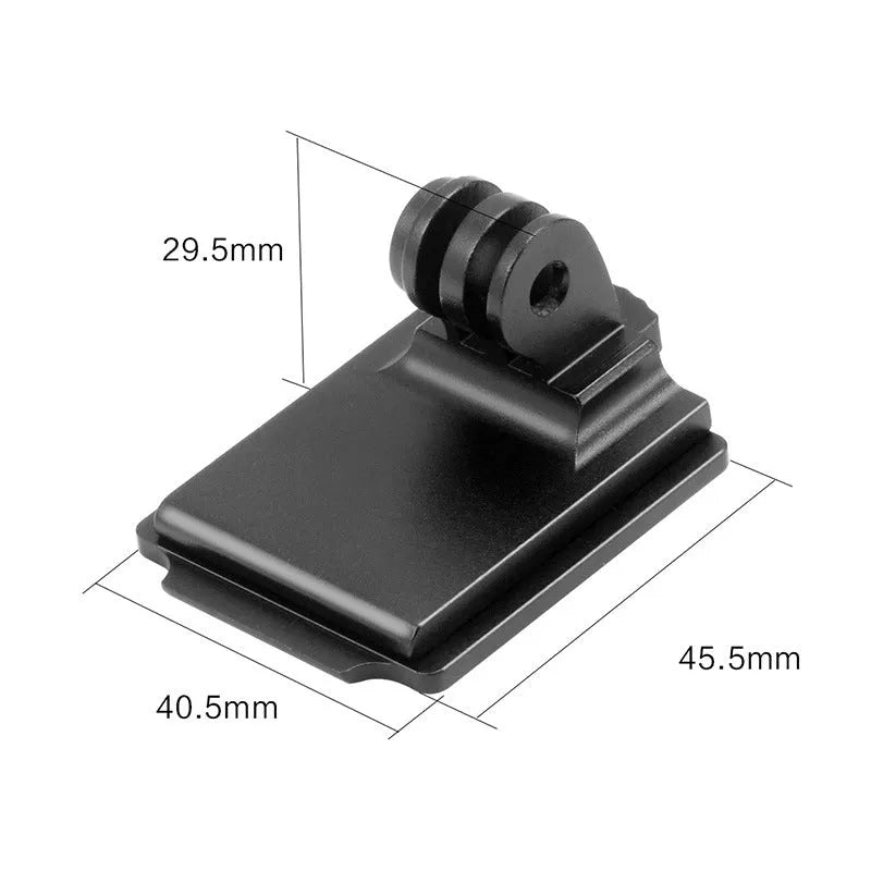 Aluminium alloy camera mounting bracket for attaching a GoPro to a cycling or motorcycle helmet.