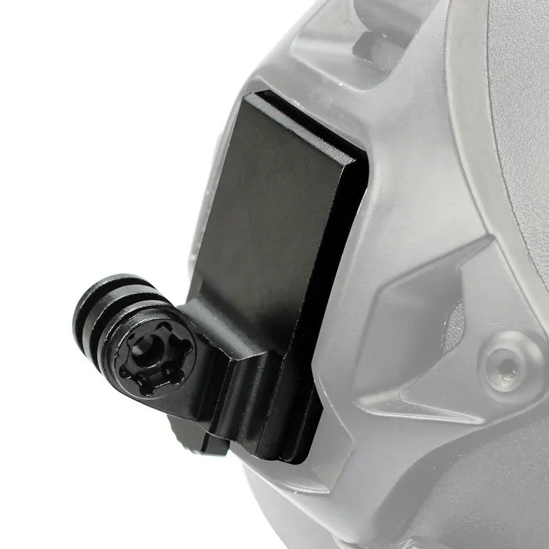 Aluminium alloy camera mounting bracket for attaching a GoPro to a cycling or motorcycle helmet.