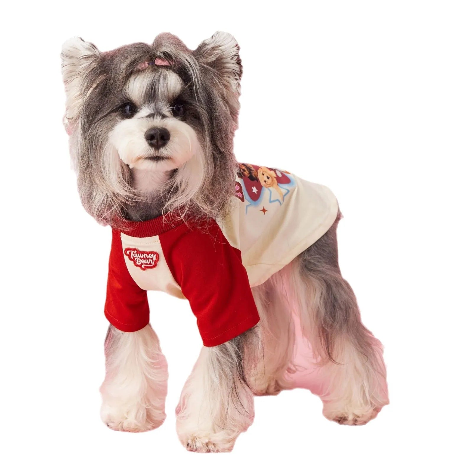 Cotton summer dog clothes with contrast colour details in embroidered red or pink, available in six sizes