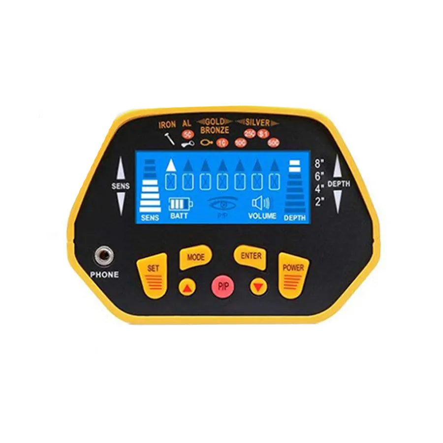 GC1028 black and yellow metal detector with LCD screen and adjustable pole on grass.