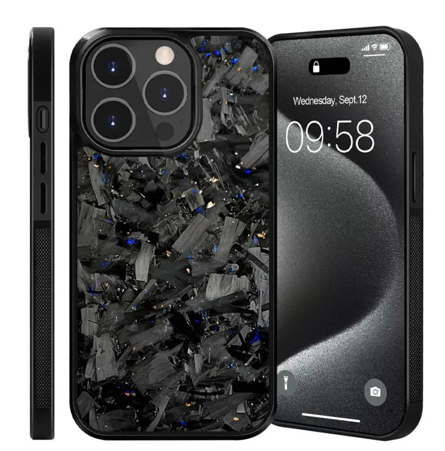 Carbon fibre anti drop phone case in blue gold splicing colour for iPhone models showing back design with precise cutouts