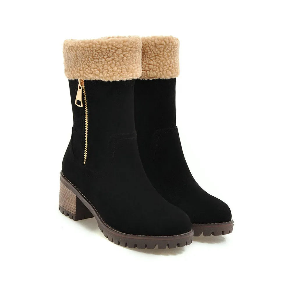 Waterproof snow boots with rubber sole and plush lining in black, grey, green, orange colours.