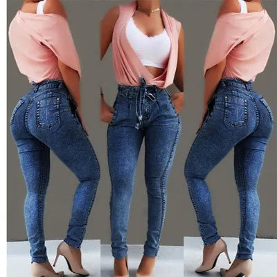 Cowboy fabric fringed jeans in dark blue, grey, or light blue on a model.