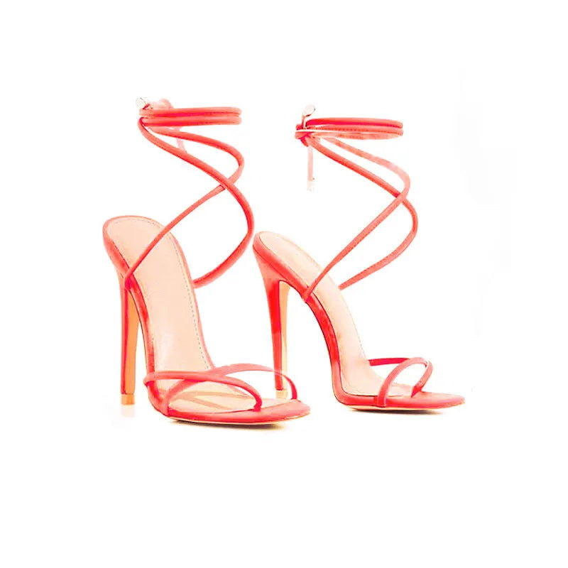 Candy Bright Toe Strap High Heels in rose red with microfiber upper and rubber sole, side view