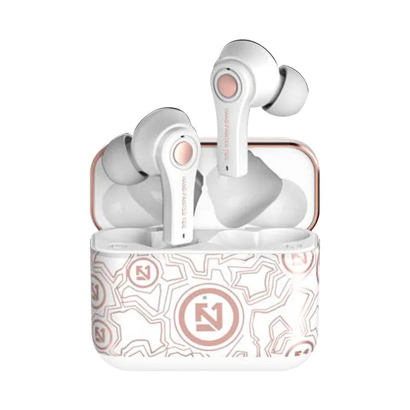 Black and white wireless Bluetooth headset with head-mounted design for hands-free calls and music.