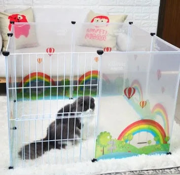 Pet transparent fence with six clear plastic panels arranged as a barrier on a wooden floor, showing interlocking connectors