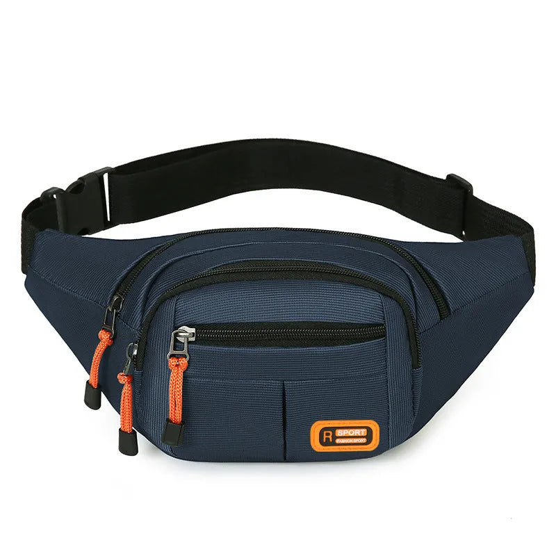 Large black waterproof slanted chest bag made of nylon, showing its front compartment and adjustable strap.