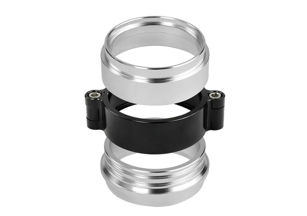 Aluminium high-pressure clamp for turbocharger exhaust pipe in black, blue, or red.