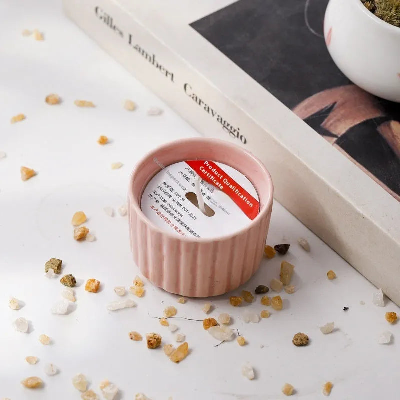 Indoor aromatherapy soy candle in ceramic cup with floral scent for bedroom use