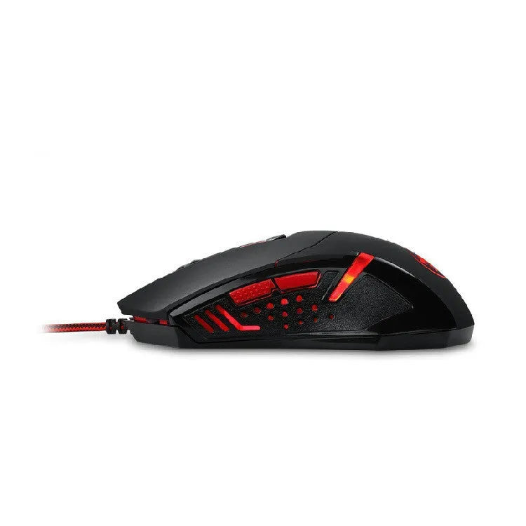 Black and red USB wired optical gaming mouse with six buttons on a desktop mat.
