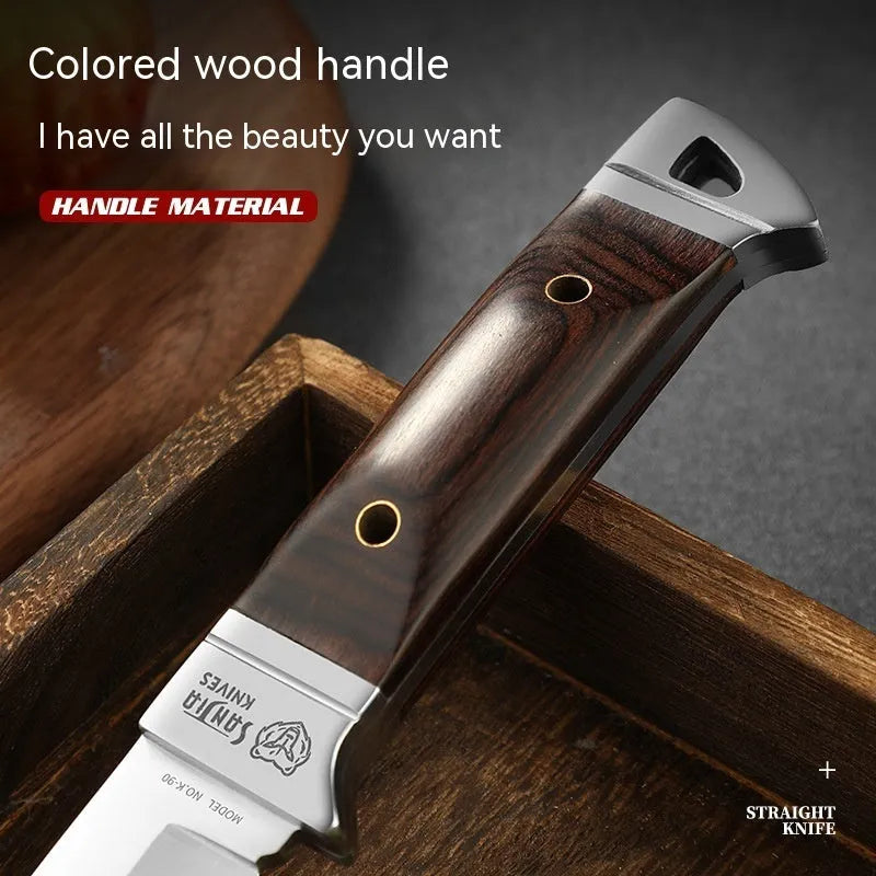 Stainless steel camping fruit knife with leather protective case showing national style design