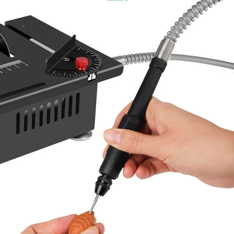 Lithium ion desktop saw with metal construction and 5 angle attachments on workbench