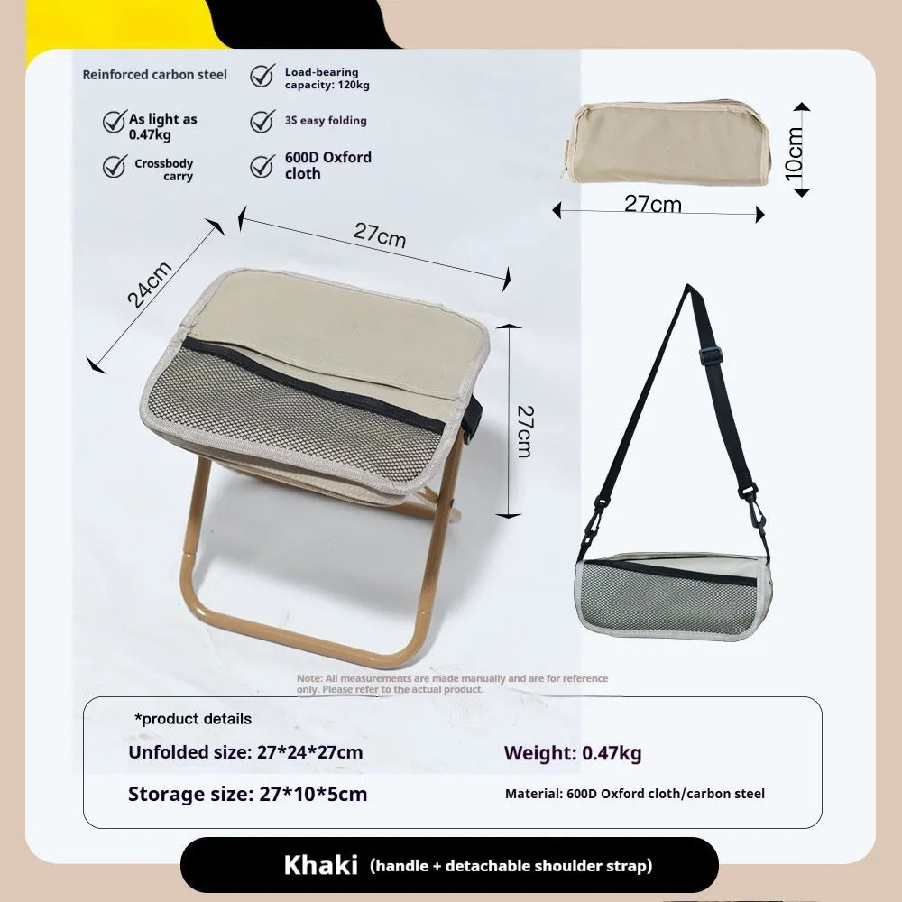 Outdoor foldable camp chair stool in Oxford fabric shown in khaki colour, folded in pencil box shape.