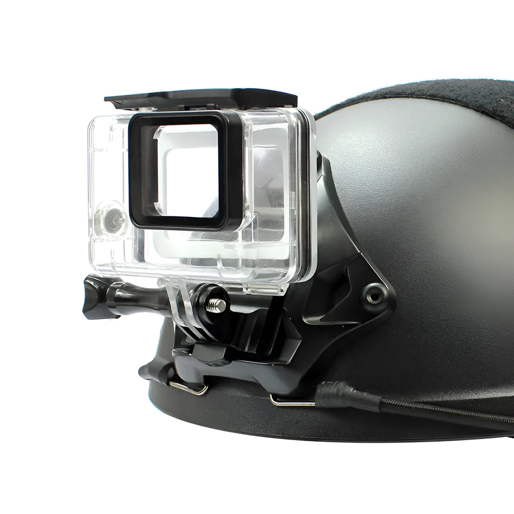 Aluminium alloy camera mounting bracket for attaching a GoPro to a cycling or motorcycle helmet.