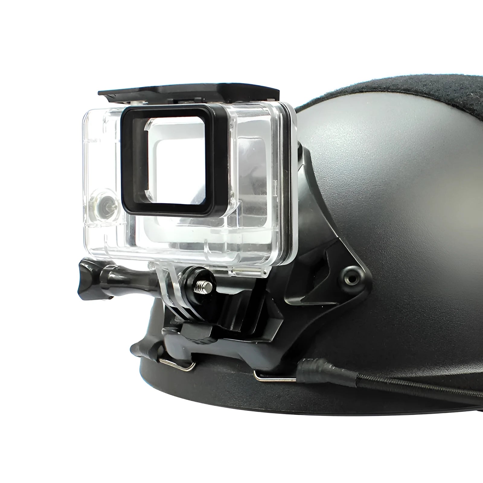 Aluminium alloy camera mounting bracket for attaching a GoPro to a cycling or motorcycle helmet.