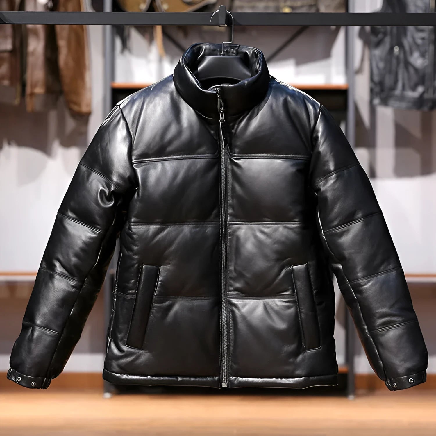 Men's black stand collar sheepskin down leather jacket with pocket decoration and white duck down filling