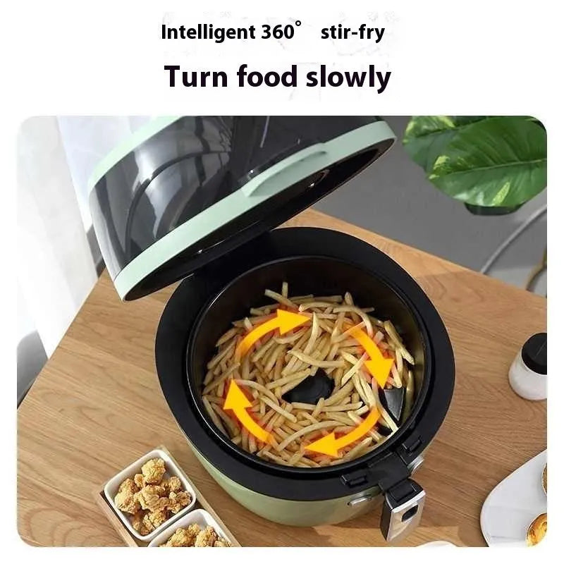 White air fryer oven with clear viewing window on door and mechanical dial controls on front.