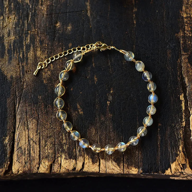 Women's bracelet with 6mm blue moonstone beads and 14K gold plating