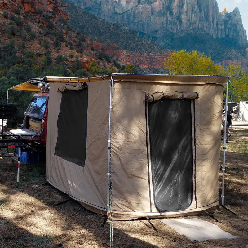 Black glue waterproof camping tent with aluminium poles set up outdoors showing two-bedroom interior