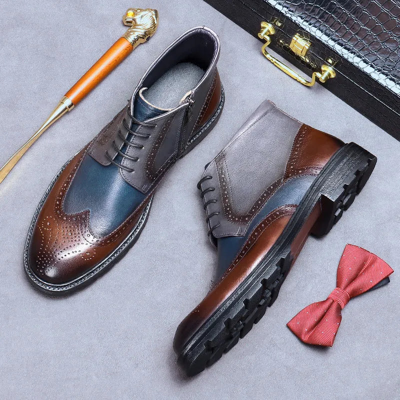 Men's vintage brogue ankle boots in curry blue cowhide leather with colour-blocking and low square heel.