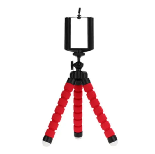 Black flexible octopus tripod with bent legs wrapped around a pole, showing a smartphone attached.