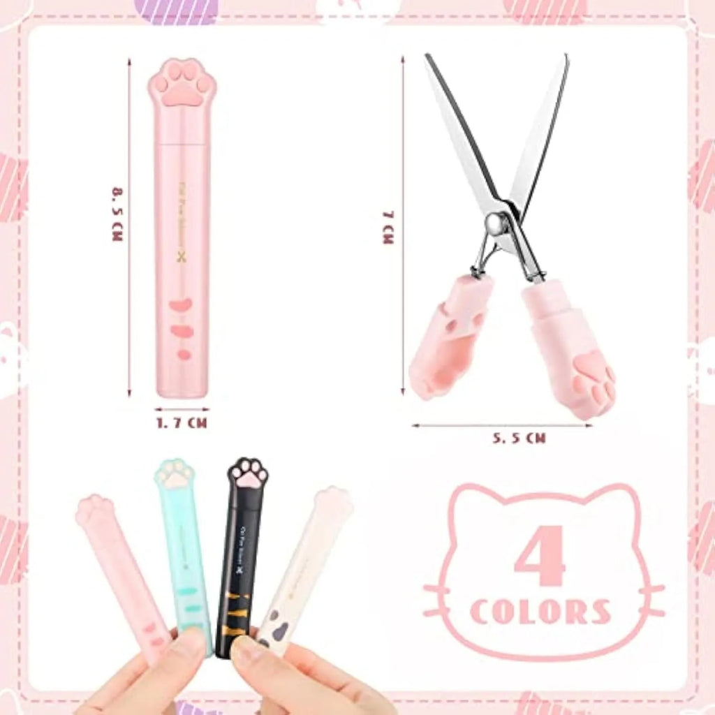 Set of four mini folding scissors with cat paw design in black, blue, pink, and white colours on a plain surface.