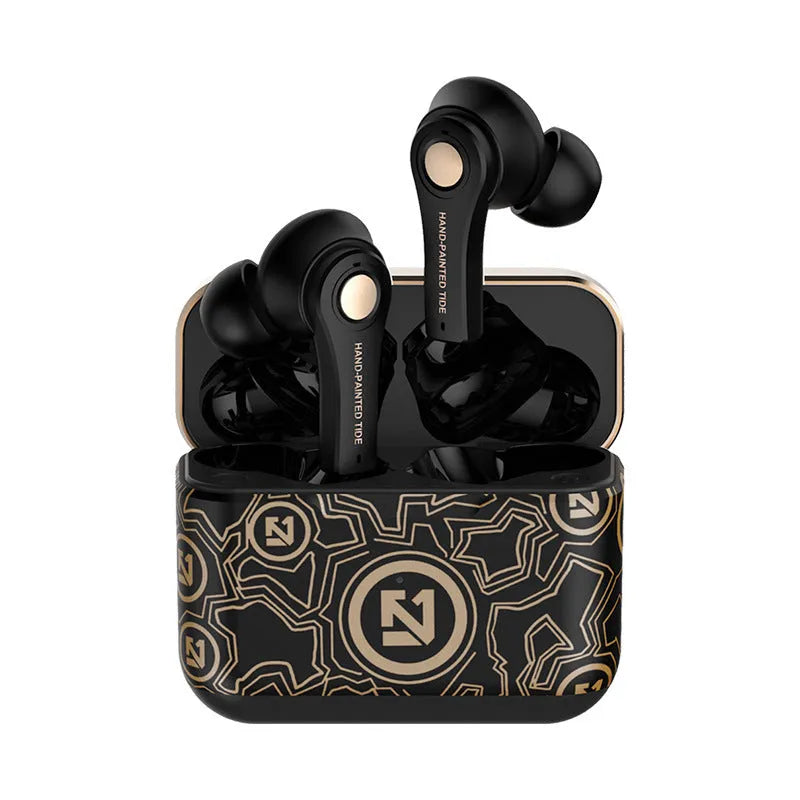 Black and white wireless Bluetooth headset with head-mounted design for hands-free calls and music.