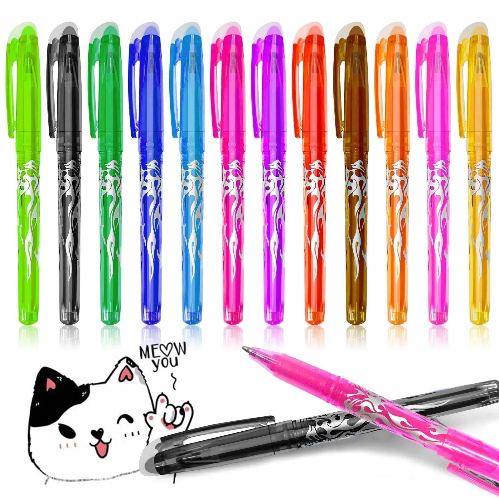 Heat-erasable gel pens with plastic shells and stainless steel nibs in 0.5mm or 0.7mm sizes