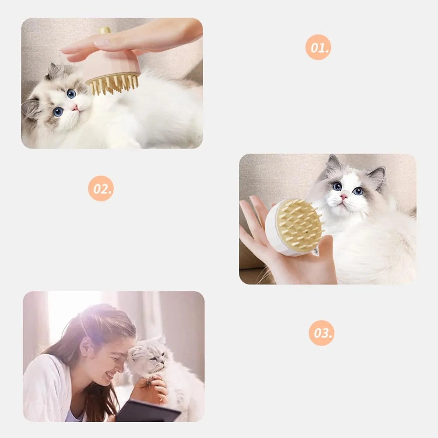 Four pet shampoo massage brushes in green, pink, and white colours with double-sided design and drain holes