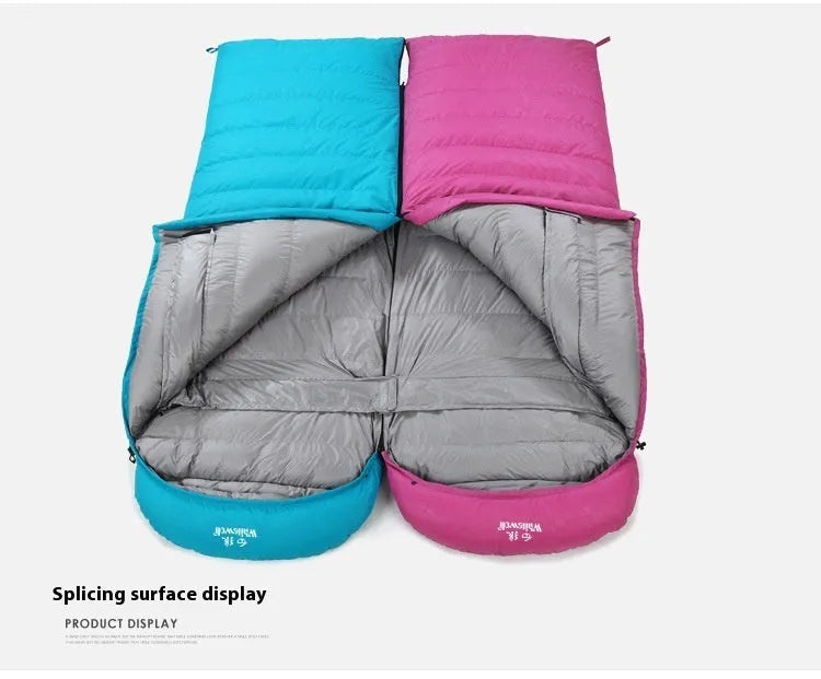 Black outdoor sleeping bag with white goose down fill and durable nylon shell.