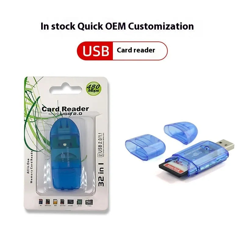 Transparent plastic USB card reader with LED light for computers, includes card holder