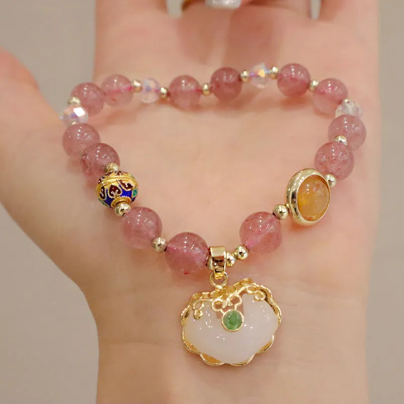 Women's geometric bracelet with strawberry quartz or gray jade stones and ethnic metal decorations