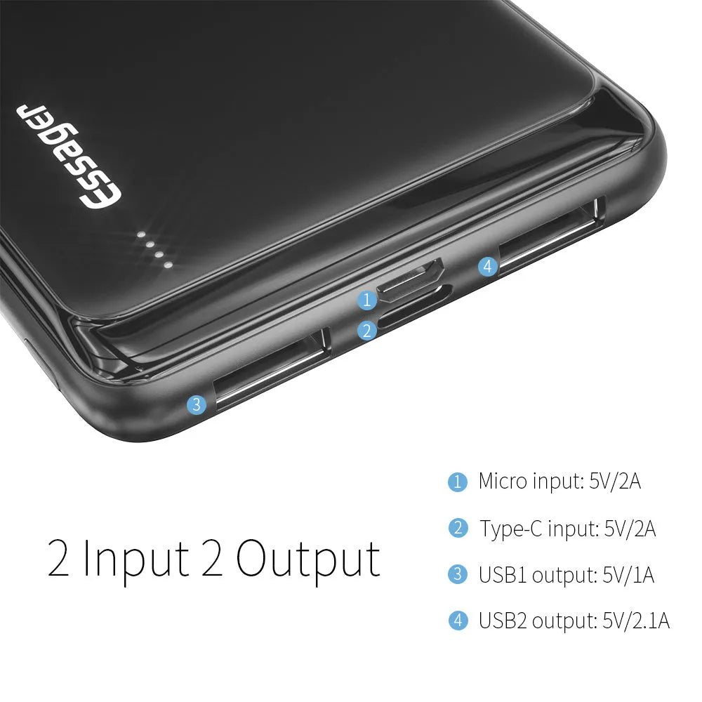 Essager Small Jane black and white 10000mAh portable power bank showing dual USB ports and LED indicator lights.