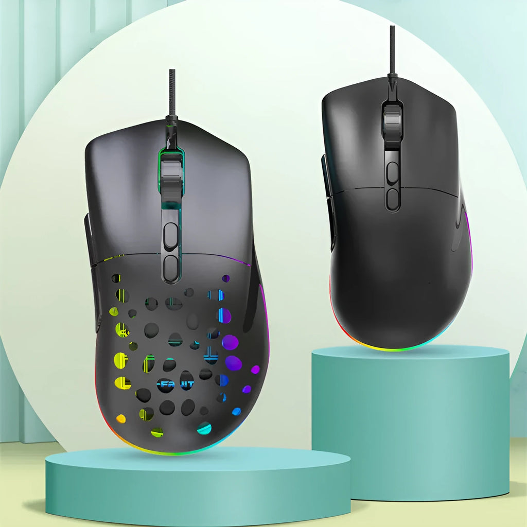 M88 hollow wired and wireless gaming mouse with perforated shell and USB cable on desk