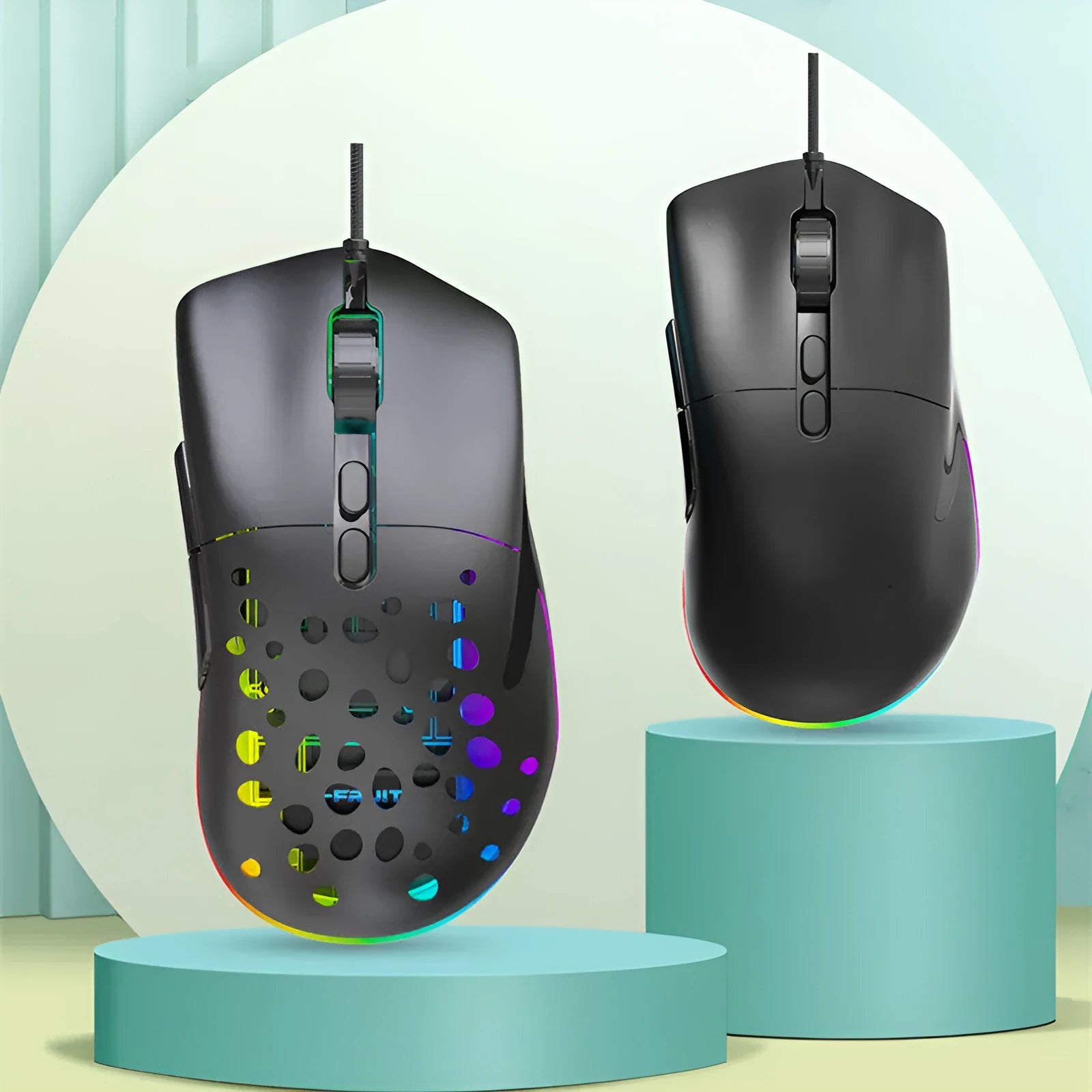M88 hollow wired and wireless gaming mouse with perforated shell and USB cable on desk