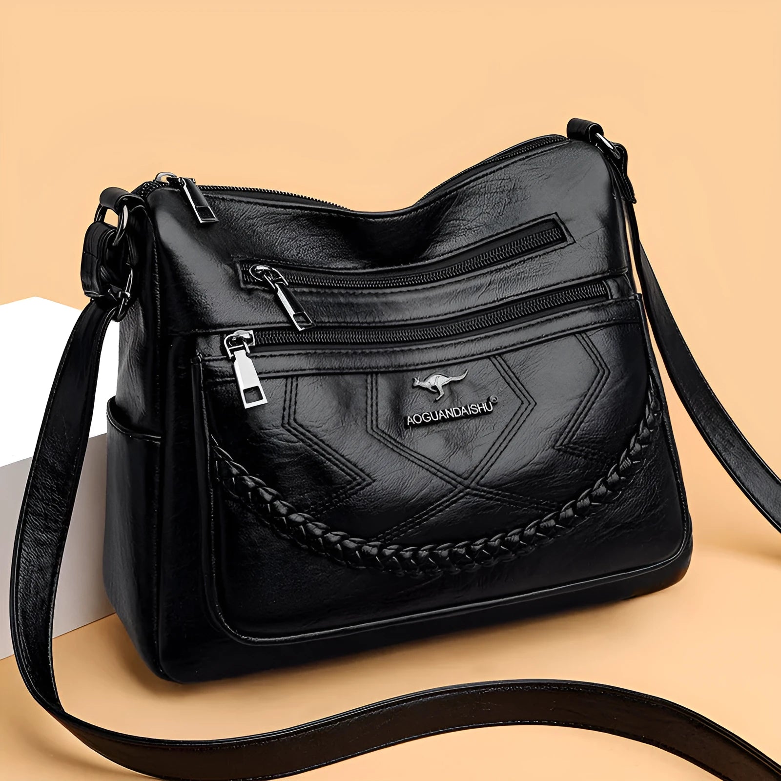 Soft PU leather women's shoulder bag in horizontal square shape with sandwich pockets