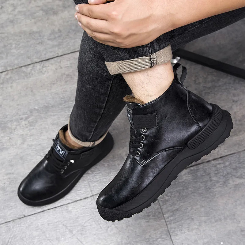 Black high-top platform Martin boots with a velvet-textured upper and thick rubber sole.