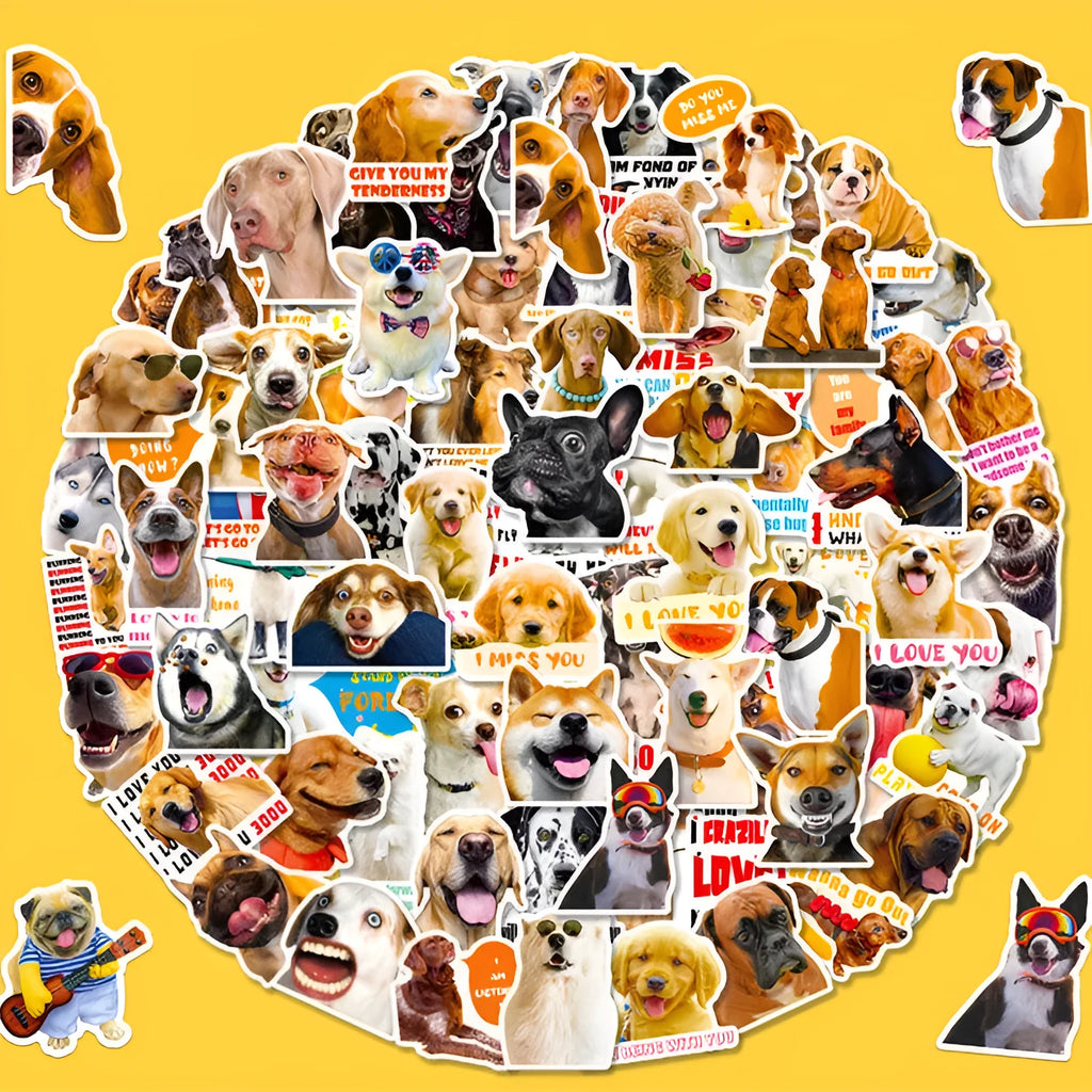 Pack of 100 realistic Nordic style dog face expression vinyl stickers for decoration.