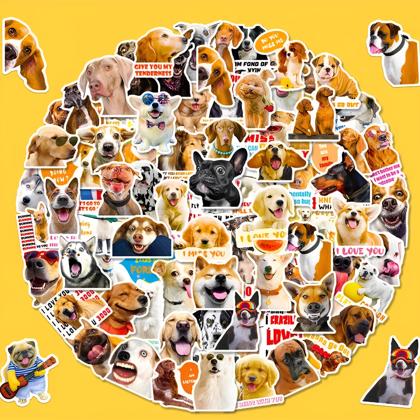 Pack of 100 realistic Nordic style dog face expression vinyl stickers for decoration.