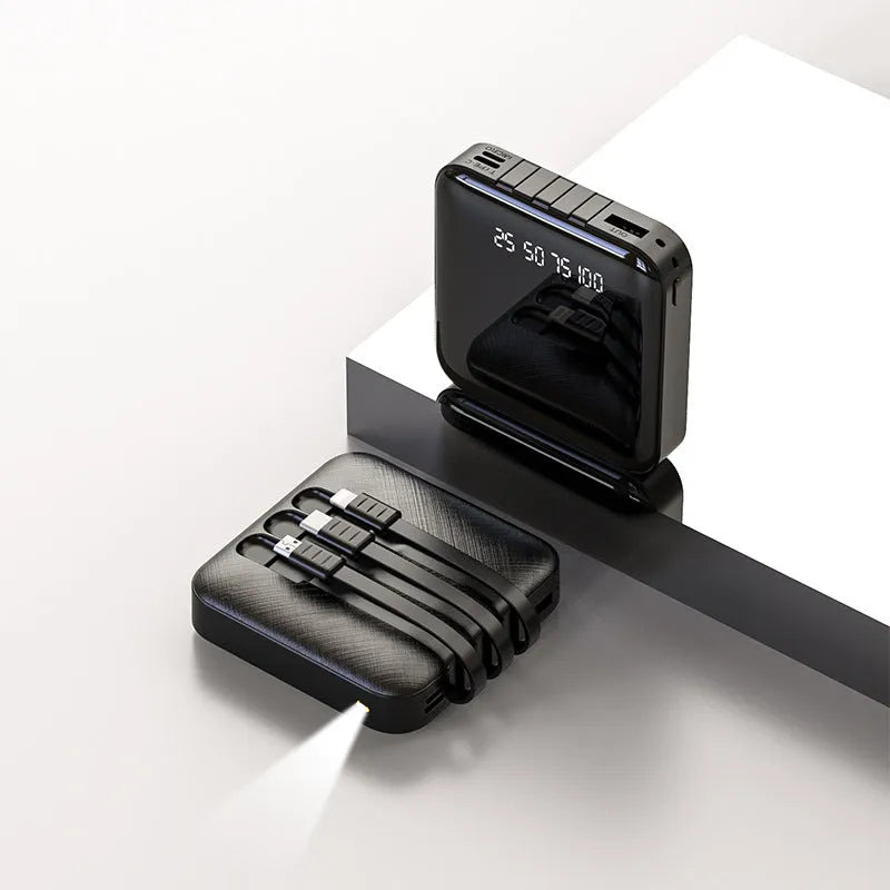 Square black power bank with attached USB cable showing dimensions of 80mm by 80mm